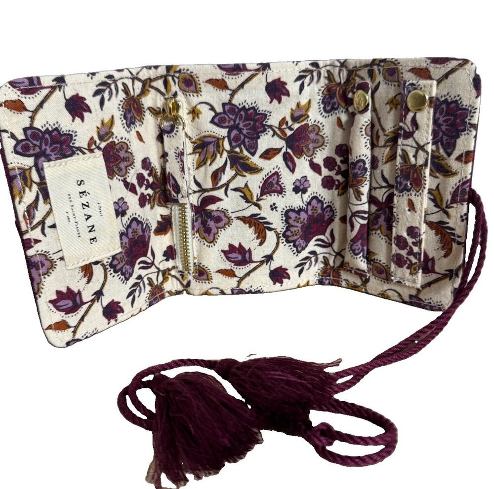 Sezane Jewelry Roll Travel Organizer Floral Canvas Purple Tassels Boho Pouch